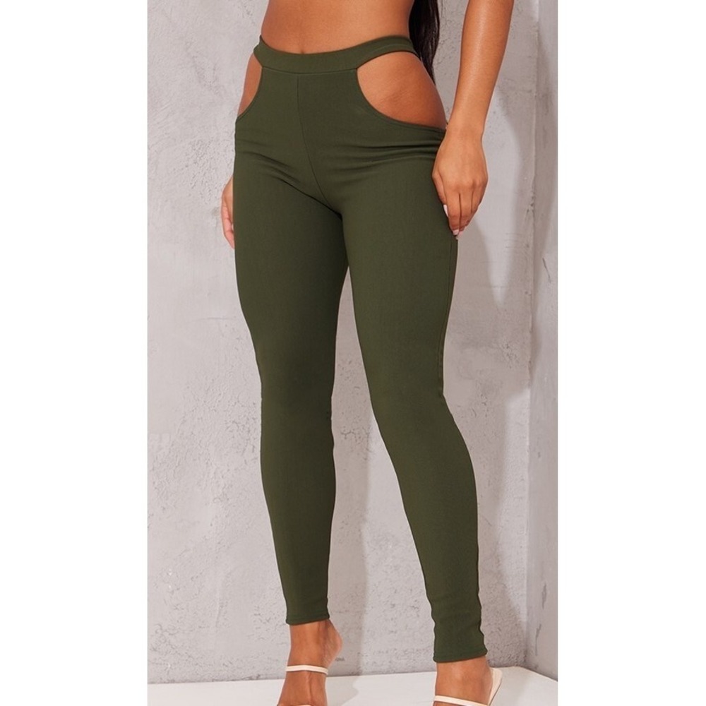 Pretty‎ Little Thing Olive Bandage Rib Cut Leggings - Size 8 - NEW !
